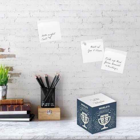 World's Greatest Dad Sticky Note Cube, 2.75" Memo Block, Printed on 4 Sides, Father's Day Blue Modern Design