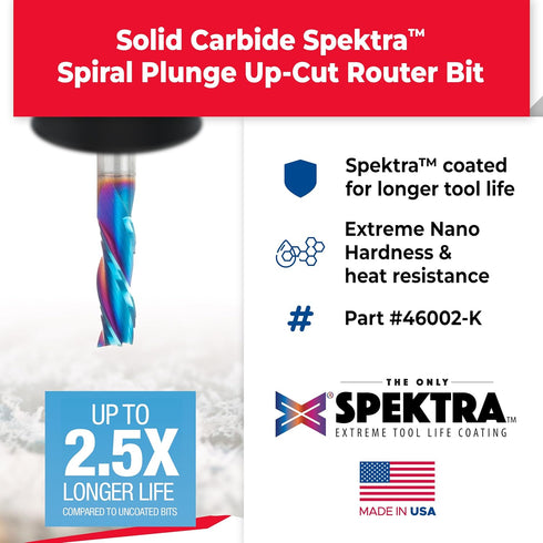 Amana Tool 46002-K Spektra Extreme Tool Life Coated Solid Carbide Spiral Plunge Router Bit, 1/4 Dia x 3/4 CH
