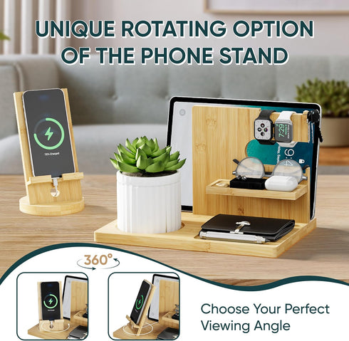 Semiocthome Wood Phone Docking Station with Separate Phone Stand, Bedside Organiser Desk Organiser Presents for Him