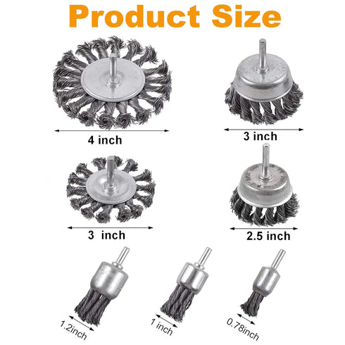7Pcs Set 1/4-Inch Rocaris Twist Knot Wire Wheel Brush for Drill Crimped Cup Wire Wheels Brush for Drill with Shank