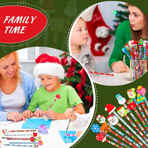 Christmas Pencils with Eraser Toppers - Multicolored Wooden Snowman Santa Claus for Kids Classroom Supplies