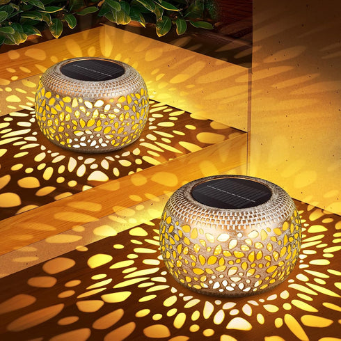 Solar Lanterns Outdoor Waterproof: 2 Pack White Gold Hollow Out Metal Solar