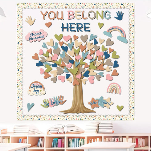 Boho Classroom Tree Bulletin Board Decor You Belong Here Heart Cutouts Border Supplies for Chalkboard Elementary School