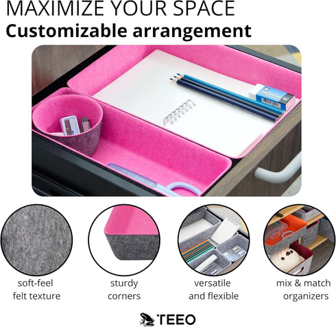 Desktop Storage Drawers - Makeup Organizer Drawers - Office Drawer Organizer Tray - Pink Organizers and Storage - Home Desk Bins Dividers Box Compartment Organization - Pack of 7, Hot Pink by Teeo