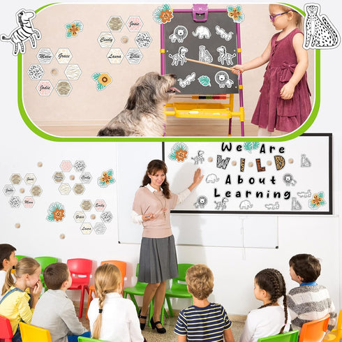 Ctosree 134 Pcs Safari Bulletin Board Set - We are Wild about Learning with Leaf Flower Wood Bead Animals Cutouts