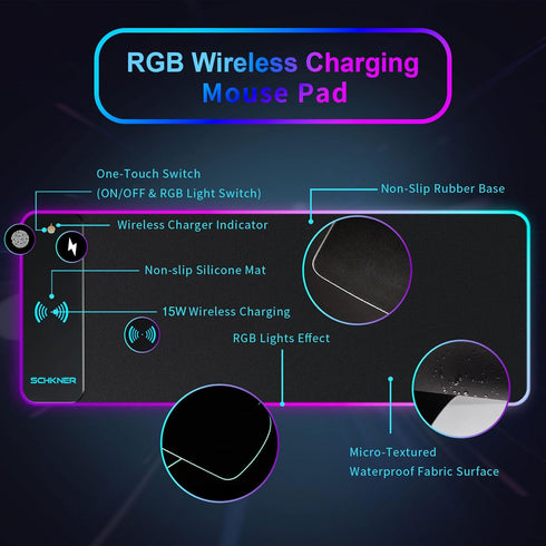 Large RGB Gaming Mouse Pad with Wireless Charging, LED Light, Non-Slip Rubber Base, Waterproof Desk Pad for Home Office