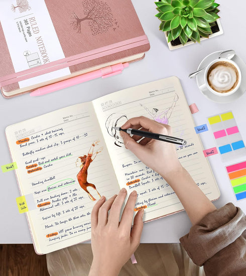 Lined Journal Notebook, 365 Pages A5 Thick Ruled Notebook, Pink Hardcover Leather for Daily Use