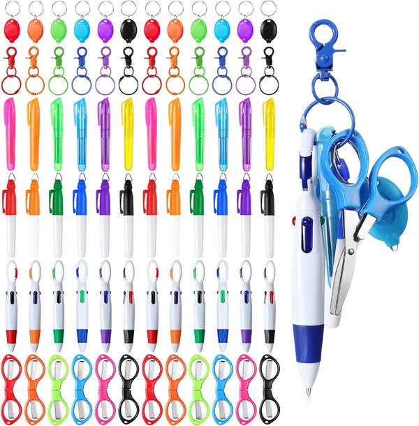 Glenmal 72 Pcs Badge Reel Pen Mini Highlighter Set, Mini Scissors, Neon Nurse Pen, LED Keychain Clip