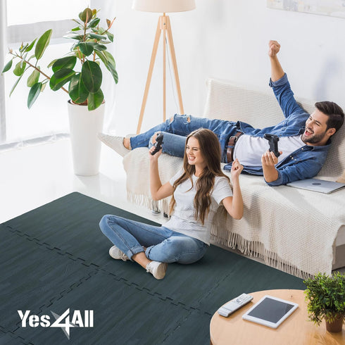 Yes4All 48SQ.FT Wood Grain Puzzle Exercise Mat, EVA Interlocking Foam Floor Tiles with Border for Home Flooring