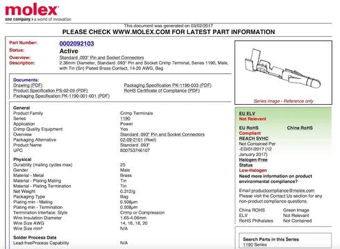 2-Circuits .093" - MOLEX Connector, 5 Matched Set, 14-20 AWG, Free Hanging with Lock