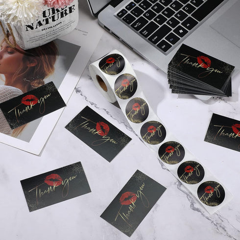 Zonon 600 Pcs Red Lip Thank You Cards and Stickers Set, 500 Pcs Round Sticker Kiss Envelope Seal, 100 Pcs Appreciation