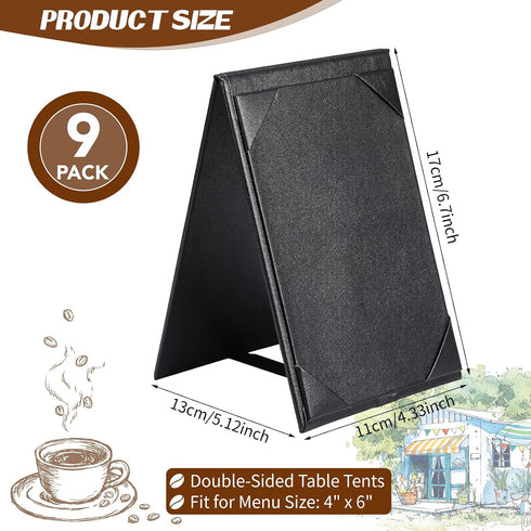 9 Pack 2 Leatherette Table Tents Black PU Leather Menu Covers Bulk Double Sided A-Frame Sign Holders Side Drink Dessert
