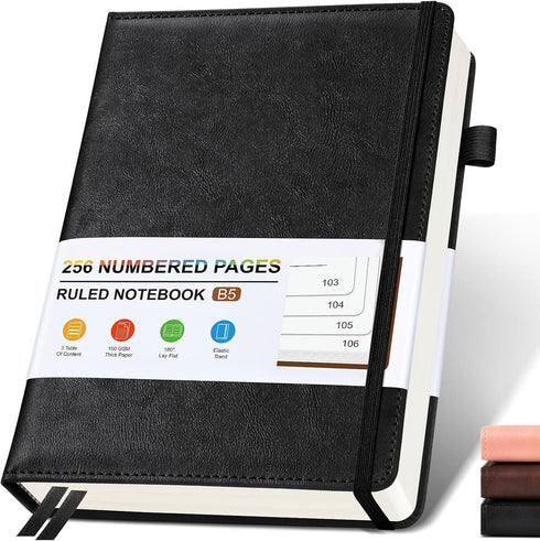 Lined Leather Journal Notebook for Men Women, Hardcover Journals with 256 Numbered Pages, B5 Notebooks for Writing,