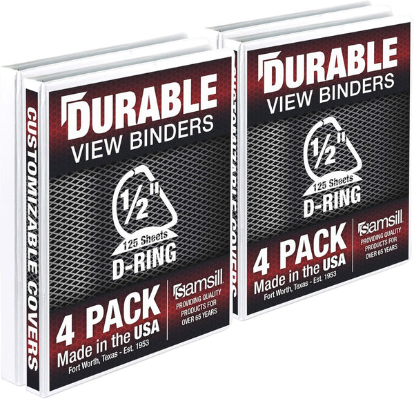 Samsill Durable 0.5 Inch Binder, Made in the USA, D Ring Customizable Clear View Binder, White, 4 Pack, Holds 125 Pages