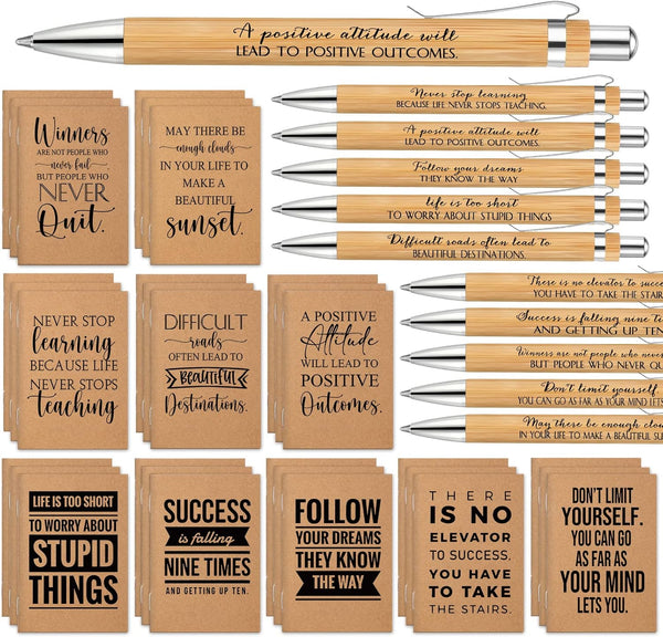 PerKoop 120 Pcs Inspirational Notebooks, Motivational Pens, Thank You Wood Bamboo Pen, Employee Appreciation Gifts Bulk