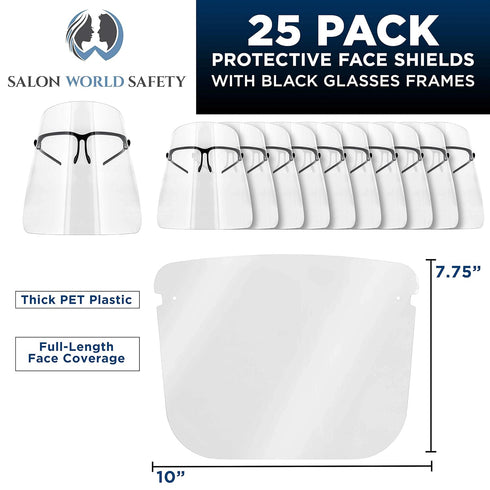 (Pack 25) TCP Global Salon World Safety Face Shields with Black Glasses Frames of - Ultra Clear Protective Full Face