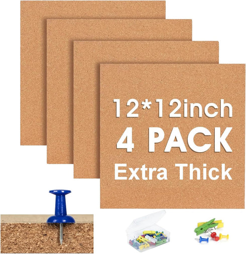 SVOPY Cork Bulletin Square Board for Walls - 4 Pack Extra Thick 12x12 Inches Cork Board Tiles for Home & School