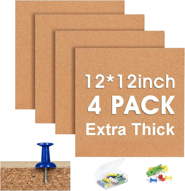 SVOPY Cork Bulletin Square Board for Walls - 4 Pack Extra Thick 12x12 Inches Cork Board Tiles for Home & School
