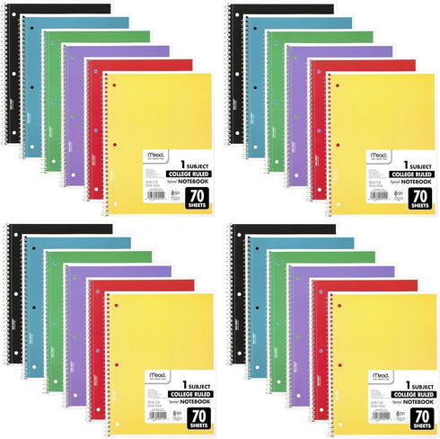 Mead Spiral Notebooks - 24 Pack, 1 Subject, College Ruled Paper, 7-1/2" x 10-1/2", 70 Sheets, Color Will Vary