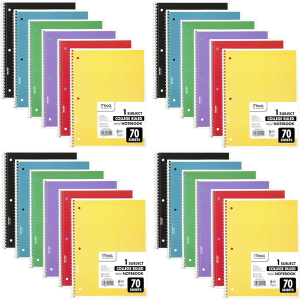Mead Spiral Notebooks - 24 Pack, 1 Subject, College Ruled Paper, 7-1/2" x 10-1/2", 70 Sheets, Color Will Vary