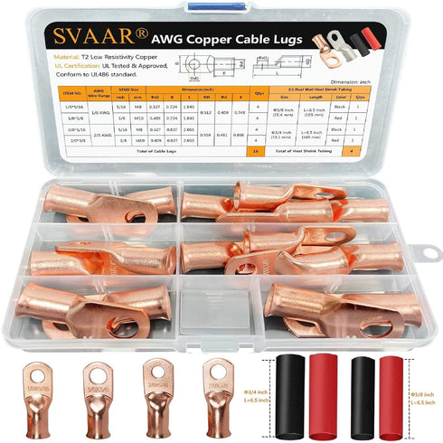 SVAAR 20pcs Battery Cable Ends Kit 1/0 AWG 2/0 AWG Copper Lugs
