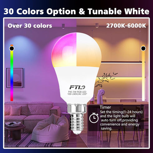 E12 Bulb 5W 40W A15 Bulb 2700K-6000K, 30 E12 Bulb Dimmable,Timer, 2 Modes,6-Pack FTL LED Light Color Changing