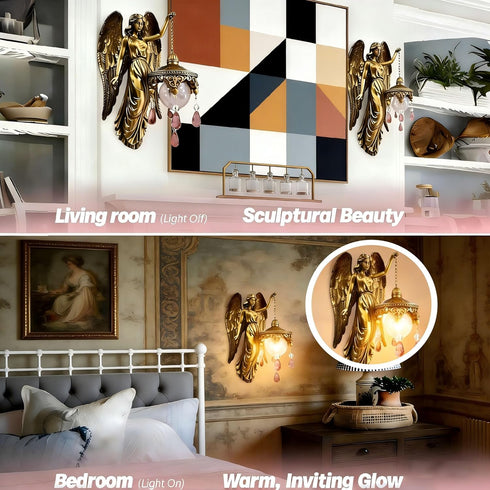 Angel Wall Lamp, Vintage Holy Guardian Night Light with Frosted Crystal & Wings, Battery Operated Wall Sconce