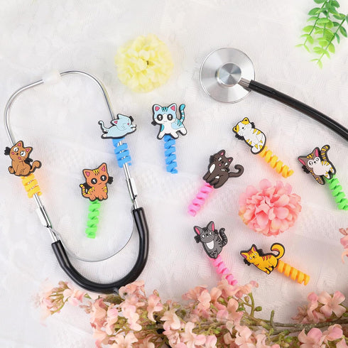 9Pcs Cute Cats Stethoscope Charms for Nurse - Spiral Tabby-Cat Orange-Cat Stethoscopes Charm Decor, Gift for Pediatric