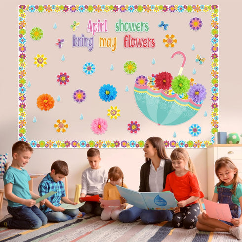 TaoBary 96 Pcs April Showers Bring May Flowers Bulletin Board Cutouts - 3D Tissue Paper Flower Spring Classroom