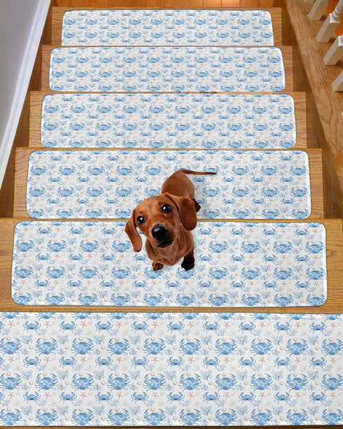 BOHOOSKYLAR 4 8"x30" Ocean Crab Stair Treads Seaweed Coral Starfish Blue Texture Indoor Non Slip Peel and Stick Stair