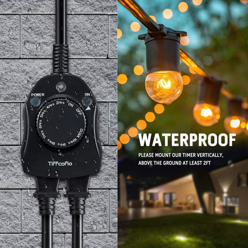 Outdoor Timer Outlet, Dusk to Dawn Light Sensor Timer, Weatherproof 2 Grounded Outlets for Christmas Lights (1 Pack)