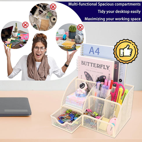 Mesh Desk Organizer with 6 Compartments and 1 Drawer, Multi-Functional Caddy for Home Office School