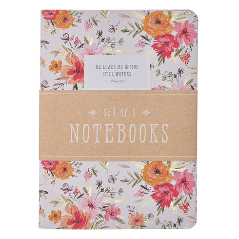 Christian Art Gifts Slim Scripture Notebooks for Women, Set of 3, Pink/Orange Floral with Gold, Inspirational
