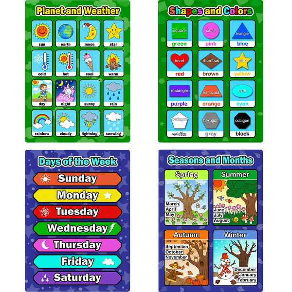 Bememo 4 Educational Learning Posters for Toddlers - Days of The Week, Shapes, Seasons, Weather