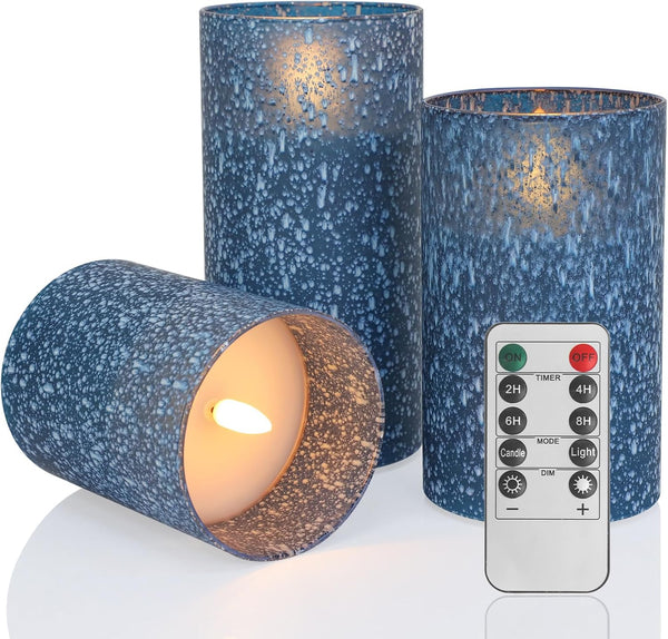 Blue Flameless Candles with Remote and Timer, Real Wax Battery Operated Candles