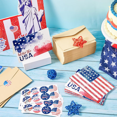 Seajan 200 Set Patriotic Cards, Blank Greeting Card with Envelopes, 4th of July American Flag Note Card