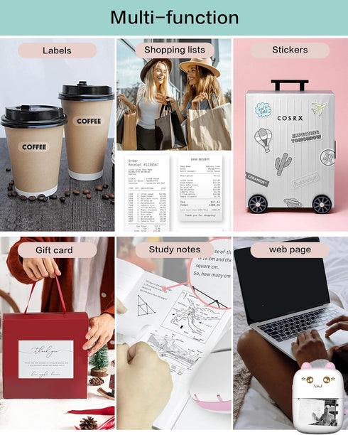 Mini Portable Printer, Inkless Bluetooth Sticker Printer with 8 Rolls Paper, Compatible with iOS + Android (Pink)