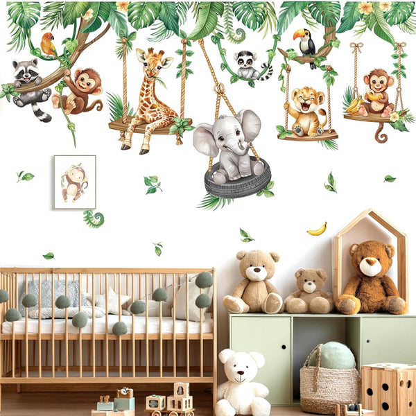 decalmile Jungle Animal on Swings Wall Stickers Safari Animal Elephant Giraffe Monkey