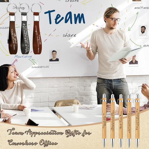 Sayglossy 36 Sets Team Gifts Bulk for Employee Motivational Bamboo Pens with Silicone Keychains Teamwork Bookmarks