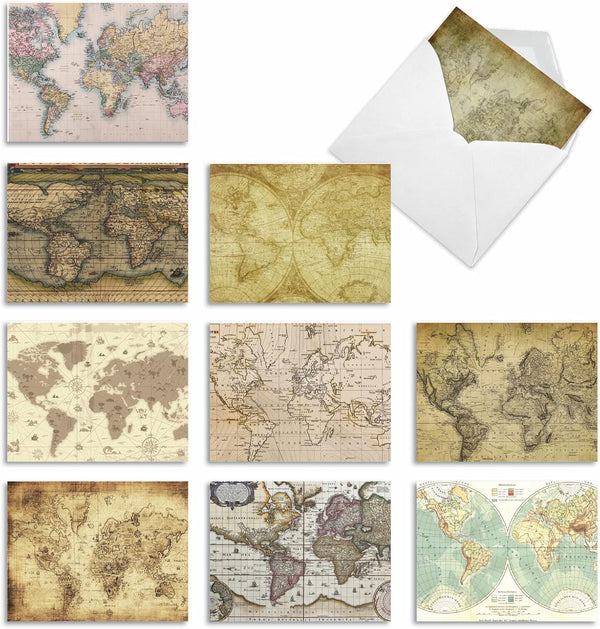 The Best Card Company 10 Assorted Blank All Occasions Vintage Globe Charts Notecards Boxed Set 4 x 5.12 Inch