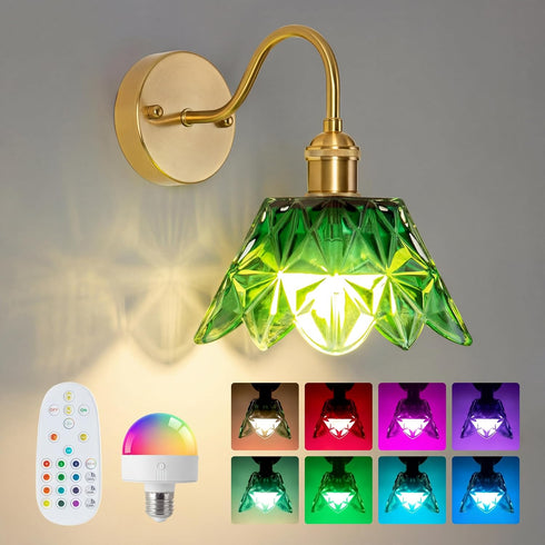 5000mAh Dimmable Vintage Battery Operated Wall Sconces, Rechargeable Wall Light, Wireless Green Flower Glass Lampshad