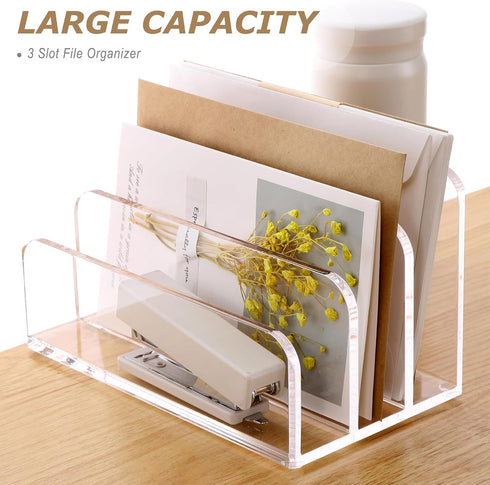 SANRUI Acrylic File Mail Desktop Organizer - 3 Compartments Clear Desk Letter Sorter for Office Documents