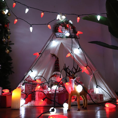 33ft 50 C9 Brizled Red & White Christmas Lights, LED Faceted String Lights Outdoor, Linkable Christmas Tree Light, UL
