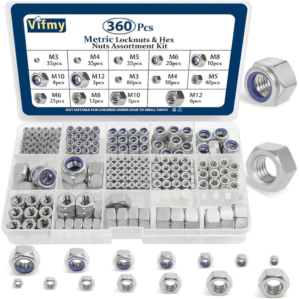 Vifmy Metric Hex Nuts&Locknuts Assortment Kit(360Pcs)M3 M4 M5 M6 M8 M10 M12 Stainless