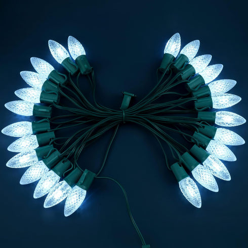 C9 25 25 Count 12" Bulbs Set YULETIME Cool White LED Christmas Lights, Feet Spacing Faceted Strawberry UL Certified