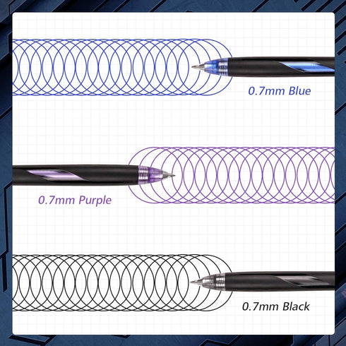 WRITECH Retractable Gel Ink Pens: Low Center of Gravity 0.7mm Multicolor Medium Point with Refills Silent Click No Smear Pen Black Blue Purple 3ct Up Gel Flash by WRITECH