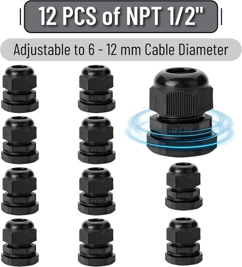 Bates- Cable Gland, 12 Pack, 1/2 NPT, Nylon Strain Relief Cord Connector, Cord Grip, Watertight Cord Connector, Cable Glands Waterproof, Cable Gland Connector, Weatherproof Cord Connector