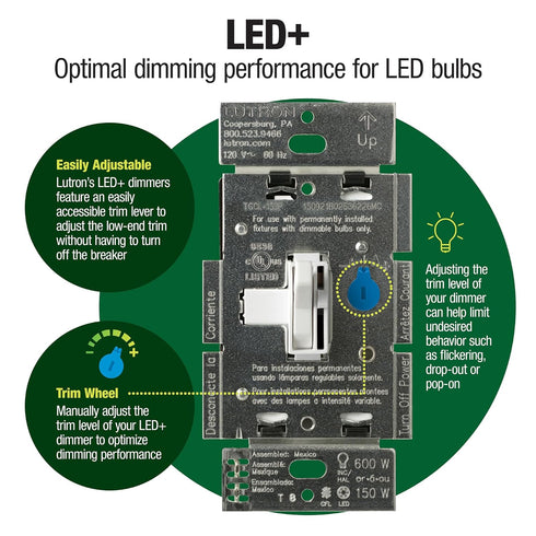 Dimmer Dimmable Dimmer 150W, Single-Pole/3-Way, AYCL-153P-WH, Lutron Ariadni/Toggler LED+ Light Switch for LED, Halogen