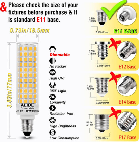 ALIDE JDE11 Bulbs 120V 100W Bulbs Dimmable,T3 T4 E11 Bulb,4000K 10W 1000LM E11 Lighting,5Pack Led Halogen Candelabra