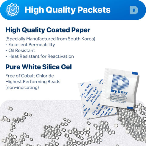 Dry & Dry Silica Gel Packets - Rechargeable Desiccants, White - 50 Packets (1 Gram)